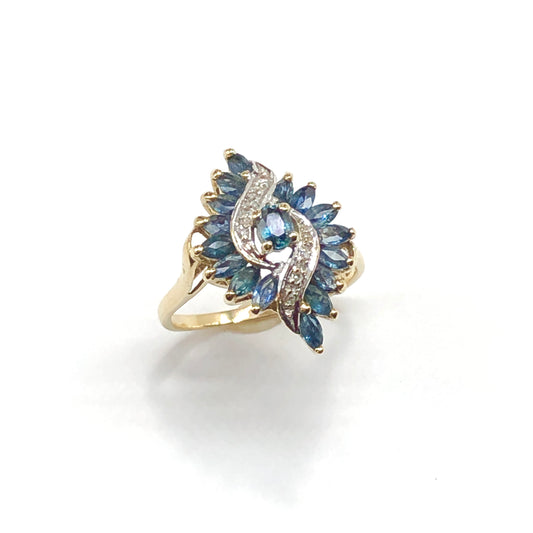 10k Gold Gemstone Ring Womens Sz8.75 Blue Sapphire Diamond Cocktail Ring