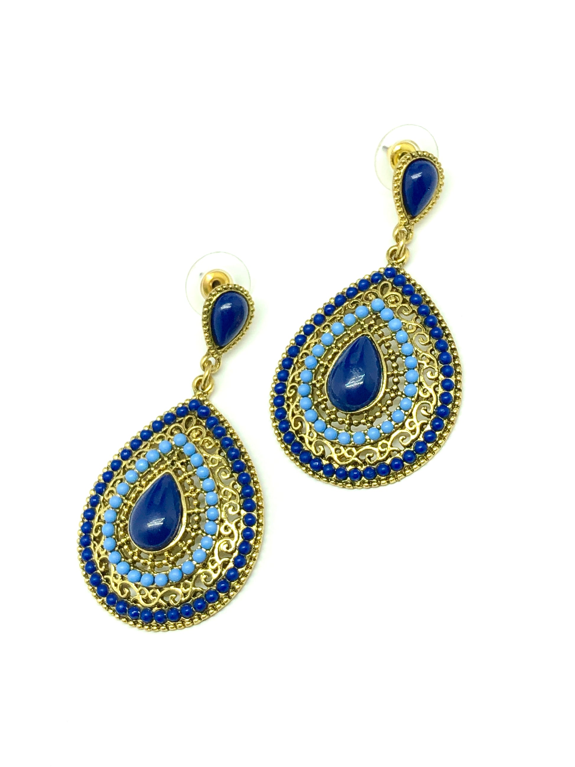 Stylish Cutout Design Blue Beaded Teardrop Style Gold Drop Earrings