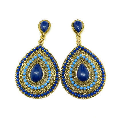 Blingschlingers - Gold Cut-out Design Blue Beaded Teardrop Style Drop Earrings