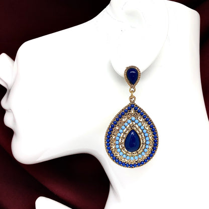 Blingschlingers - Gold Cut-out Design Blue Beaded Teardrop Style Drop Earrings