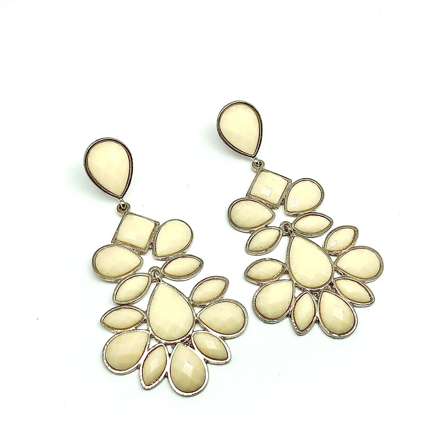 Blingschlingers - Gold Creamy Ivory Stone Stylish Big Chandelier Drop Earrings