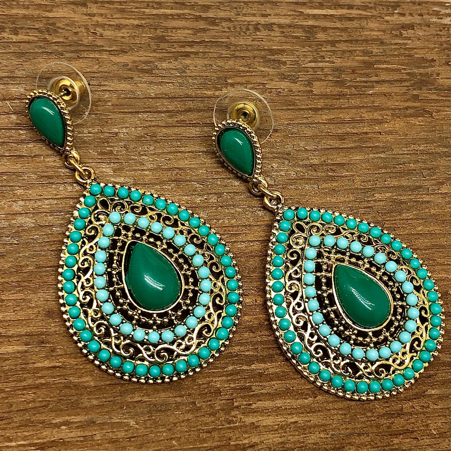 Boho Style Green and Golden Design Big Dangle Earrings