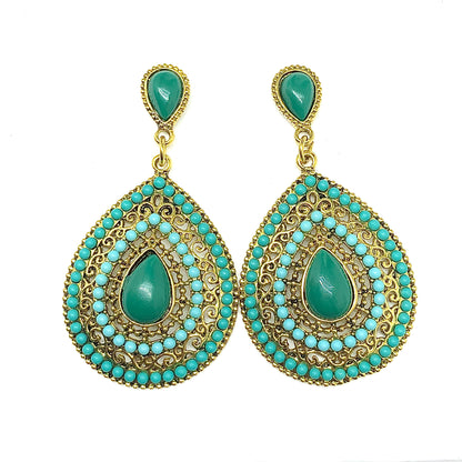 Boho Style Green and Golden Design Big Dangle Earrings - Blingschlingers 