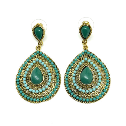 Boho Style Green and Golden Design Big Dangle Earrings