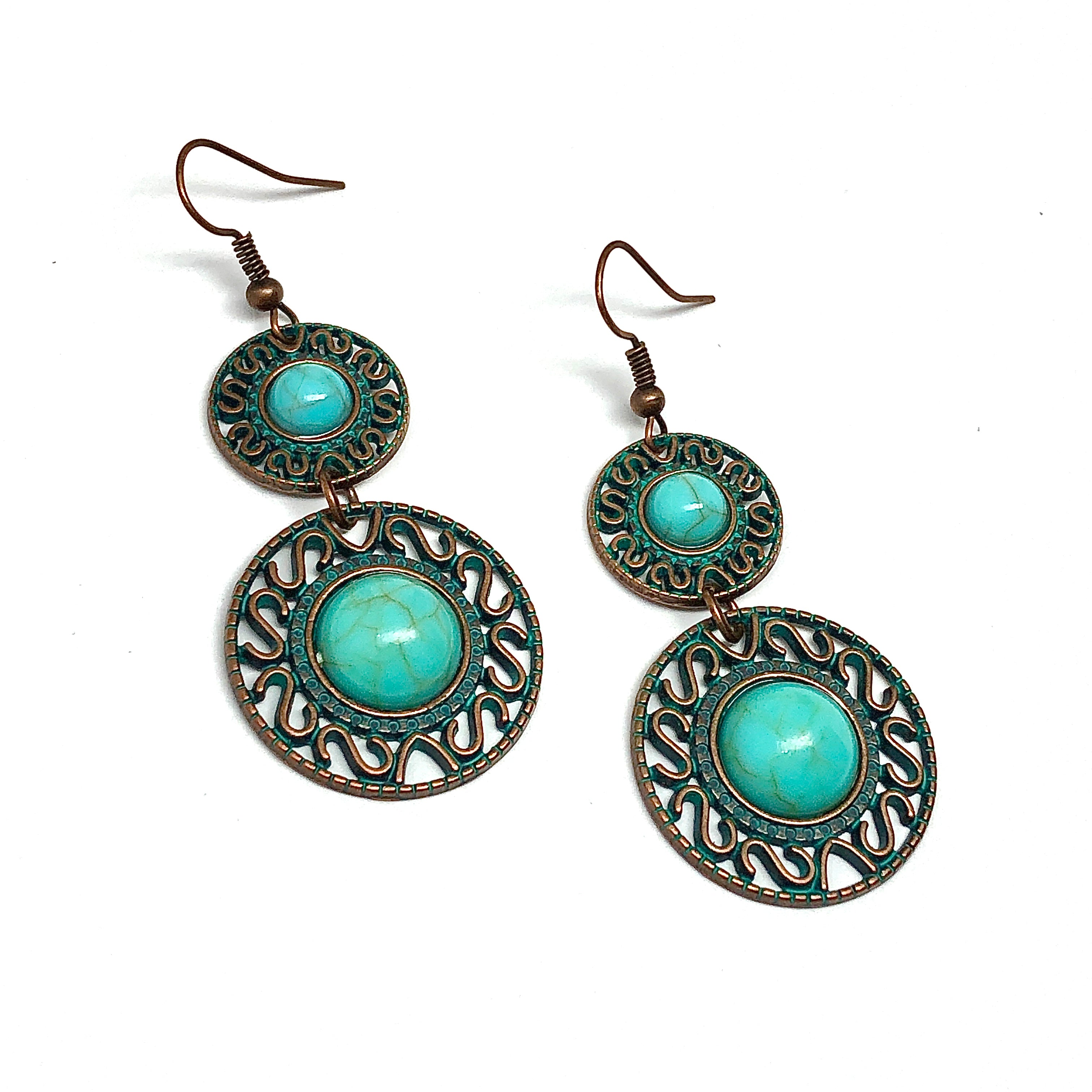 Chic Boho Dangle Earrings, Womens Turquoise Stone Filigree Design