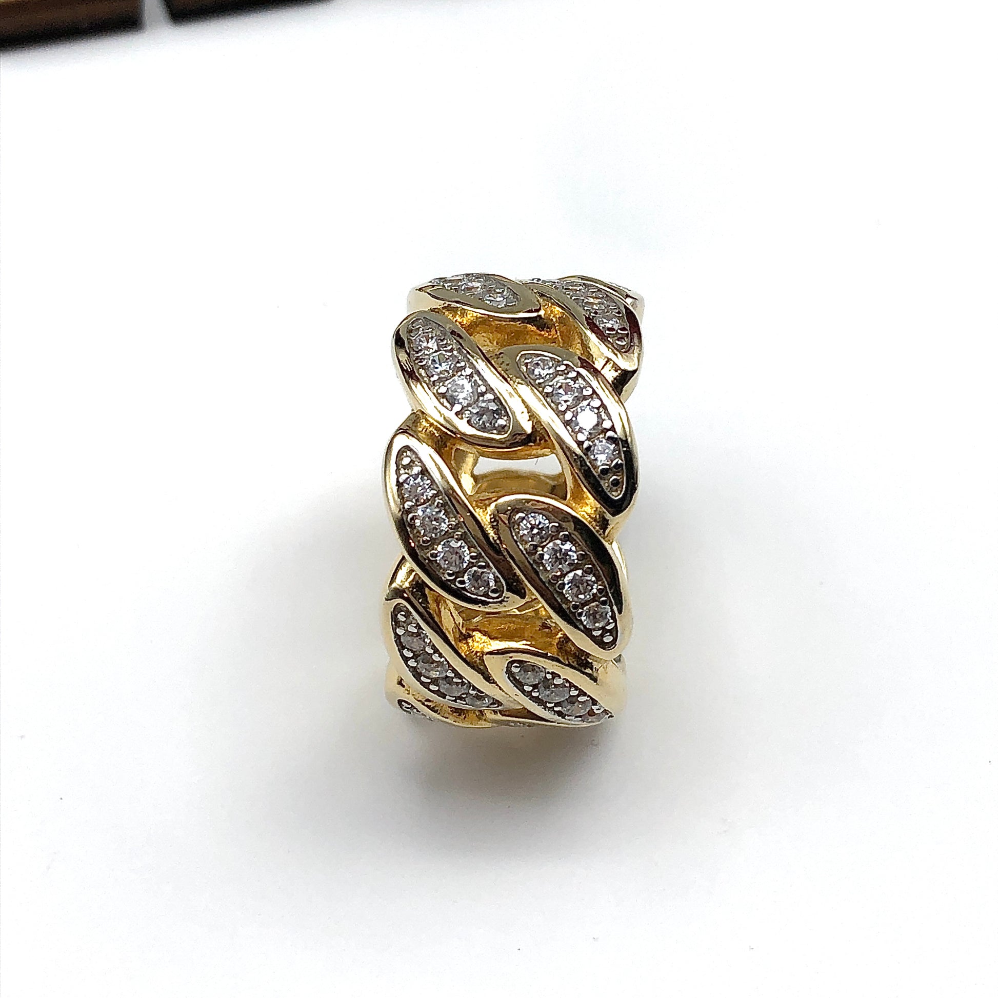 Sz9.5 Bold Bling Gold Curb Chain Design Sterling Silver Wide Band Ring