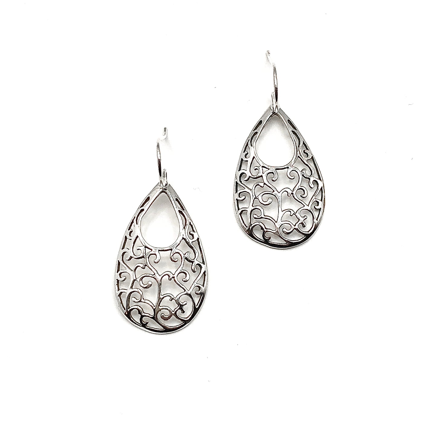 Womens Earrings - | Lightweight Earrings | Silvery Scrolling Filigree Teardrop Dangle Earrings