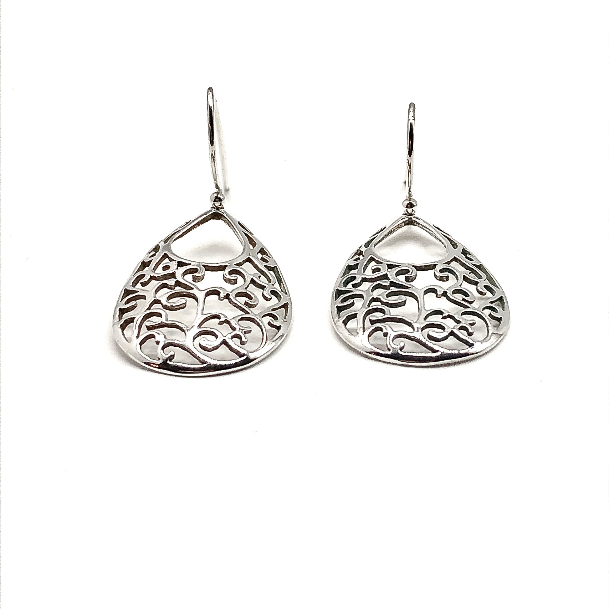 Womens Earrings - | Lightweight Earrings | Silvery Scrolling Filigree Teardrop Dangle Earrings