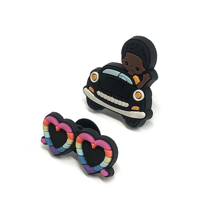 Shoe Charms, Bundle of 2 Jibbit Style Sunglasses & Cute Black Skin Teen Boy Happy Car Driver - Crocs Shoe Charm Buttons