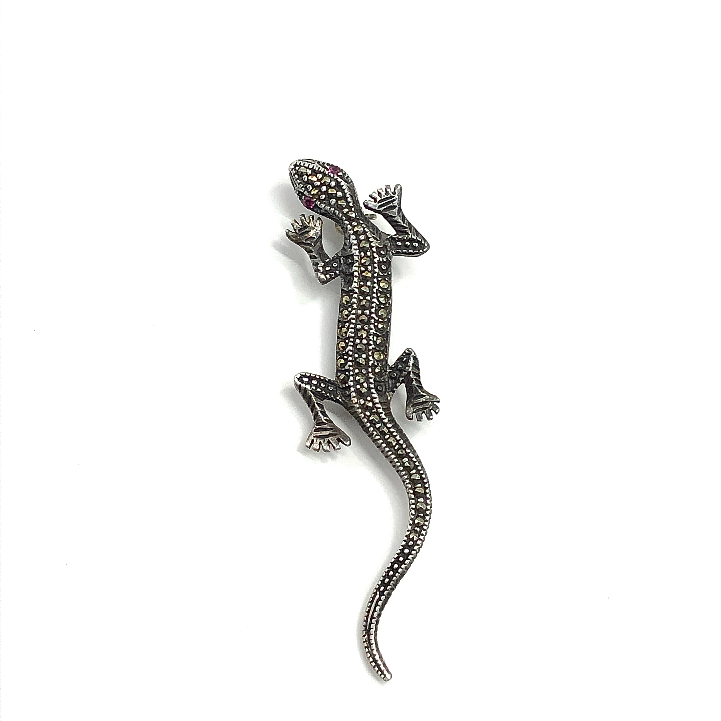 Judith Jack 2024 Lizard Brooch - Sterling Silver and Marcasite Lizard Brooch Ruby Eye