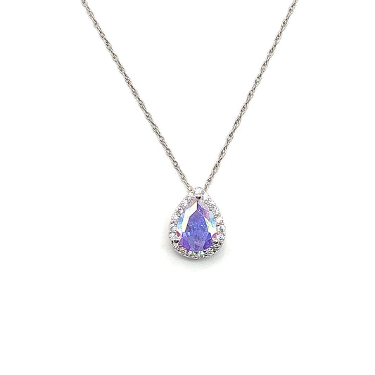 Sterling Silver Necklace Dainty Mystic ‎Aurora Borealis Stone Teardrop Pendant Necklace