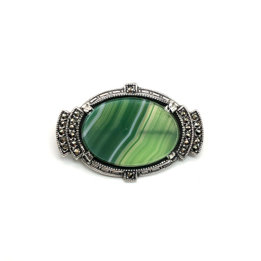 Brooch Pin Sterling Silver Mens Womens Vintage Green Banded Agate Marcasite Brooch Lapel Pin