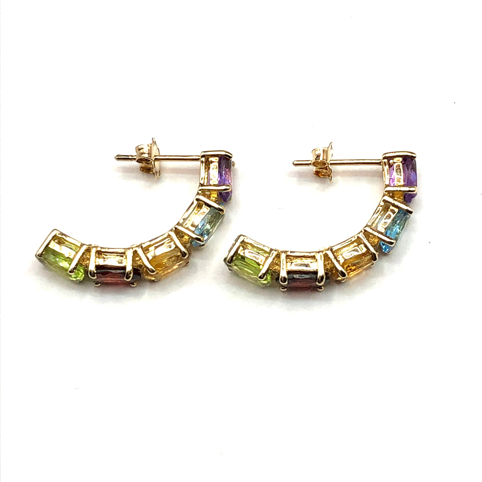 Hoop Earrings - Womens 10k Gold Multi Gemstone Half Hoop Earrings - Tennis Hoop Semi-Precious Stone Earrings