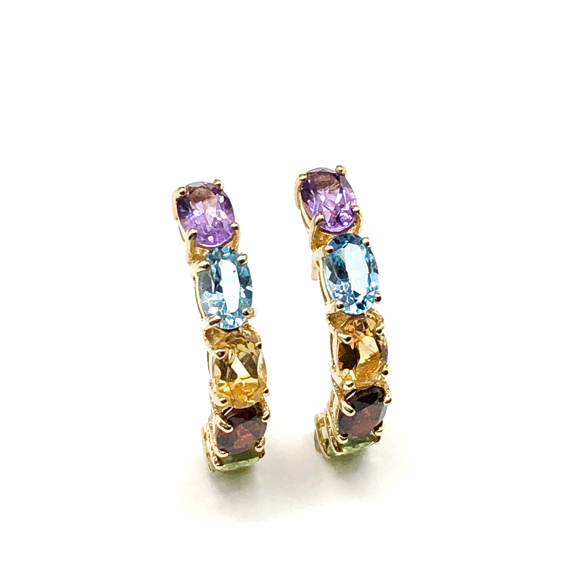 Hoop Earrings - Womens 10k Gold Multi Gemstone Half Hoop Earrings - Tennis Hoop Semi-Precious Stone Earrings