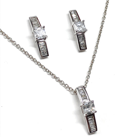 Jewelry set, CZ Bar Design Sterling Silver Pendant Necklace & Earrings
