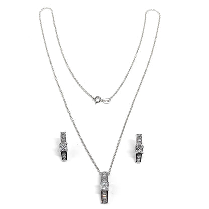 Womens CZ Bar Design Sterling Silver Pendant Necklace & Earrings