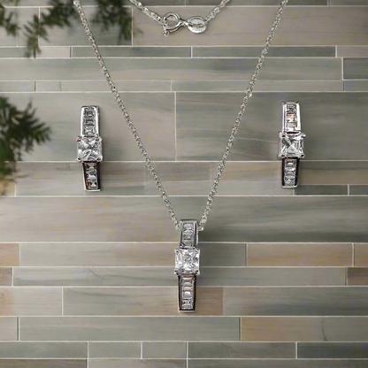 Sterling Silver CZ Bar Pendant Necklace + Earrings set