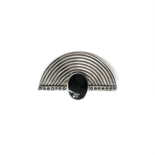 Mens Womens Vintage Modernist Design Black Stone Sterling Silver Brooch