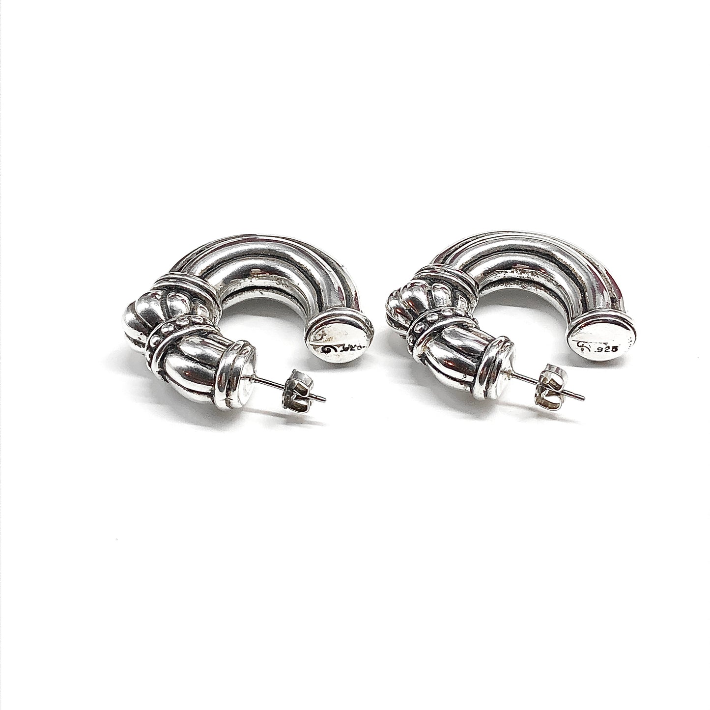 Chunky Etruscan Style Sterling Silver Hoop Earrings