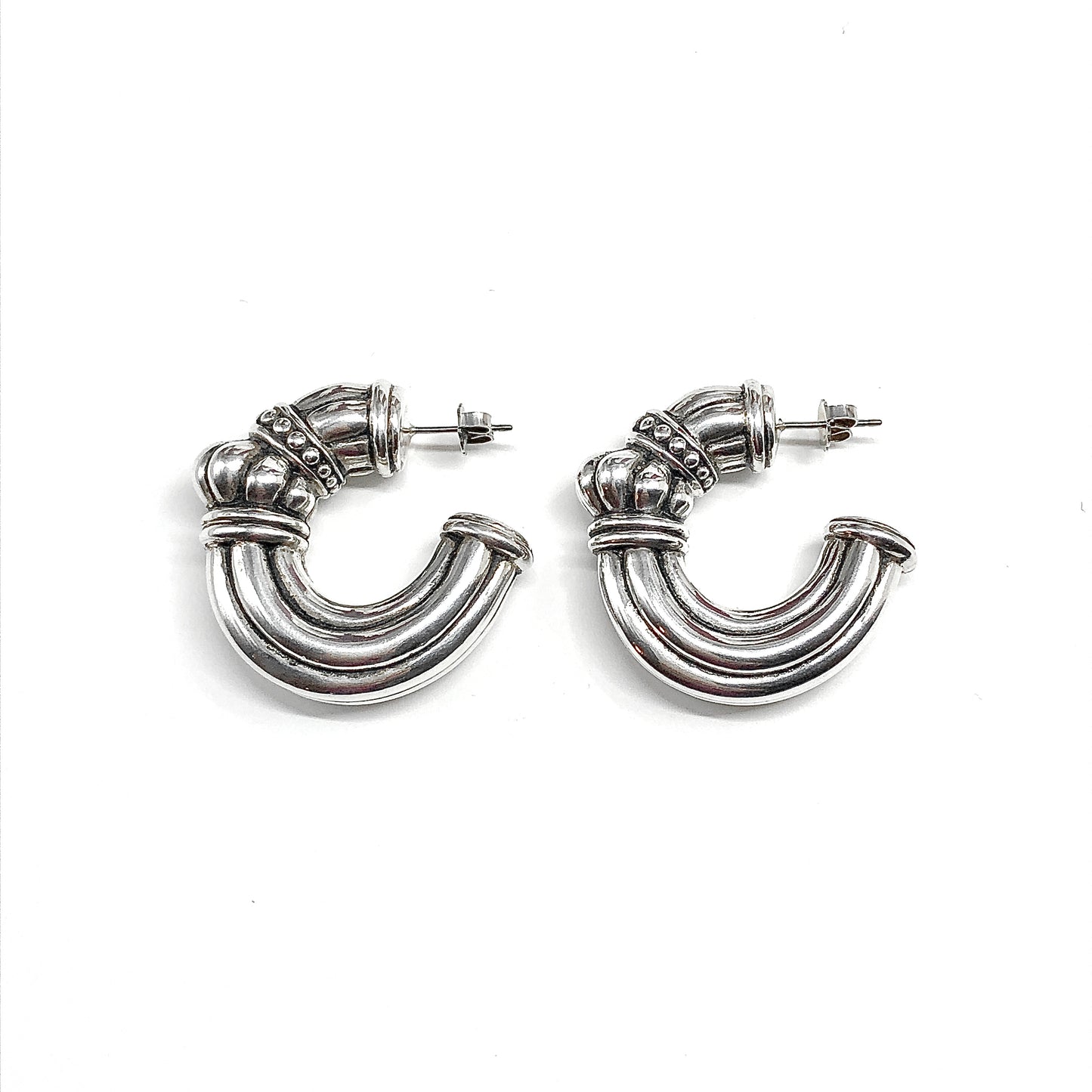 Chunky Etruscan Style Sterling Silver Hoop Earrings