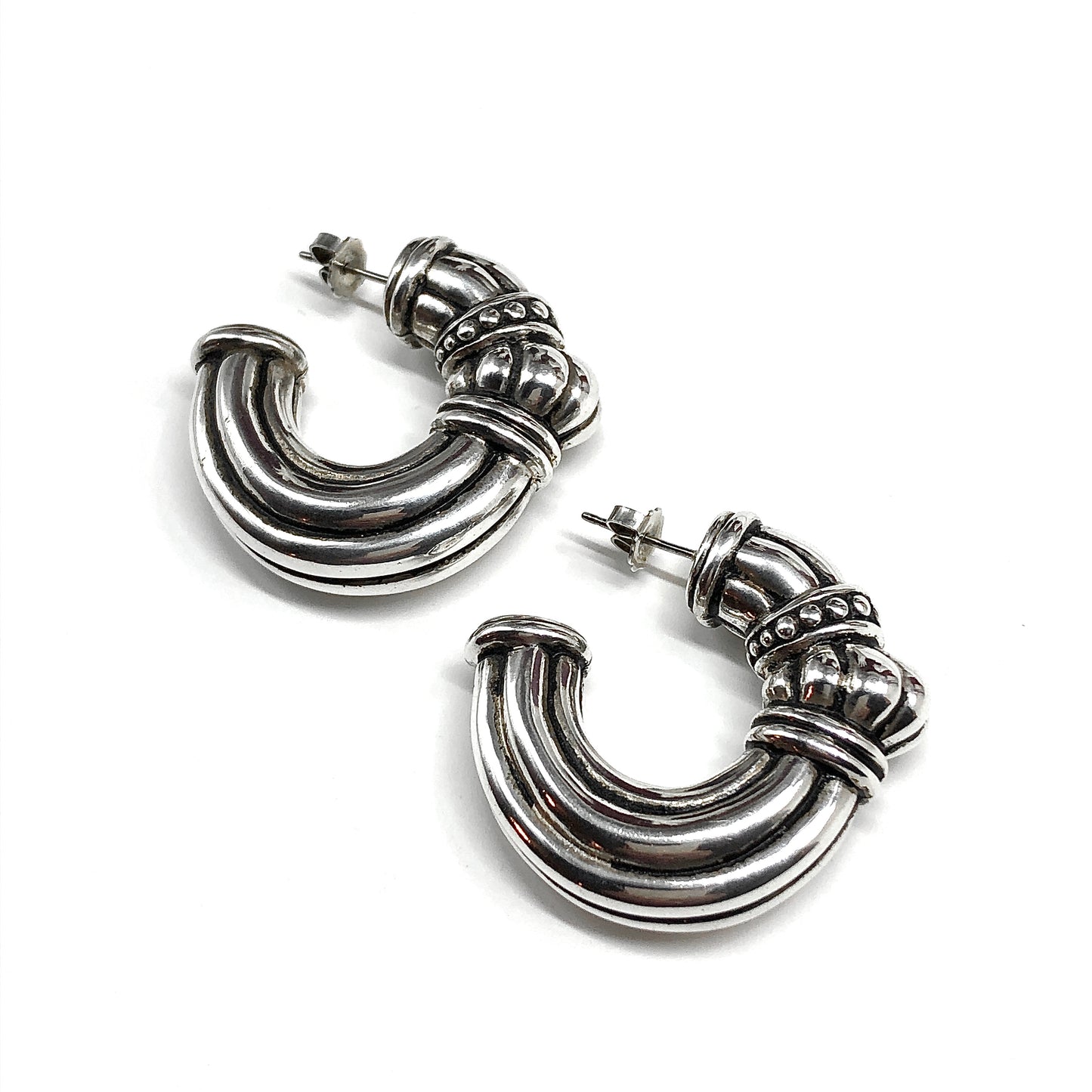 Chunky Etruscan Style Sterling Silver Hoop Earrings