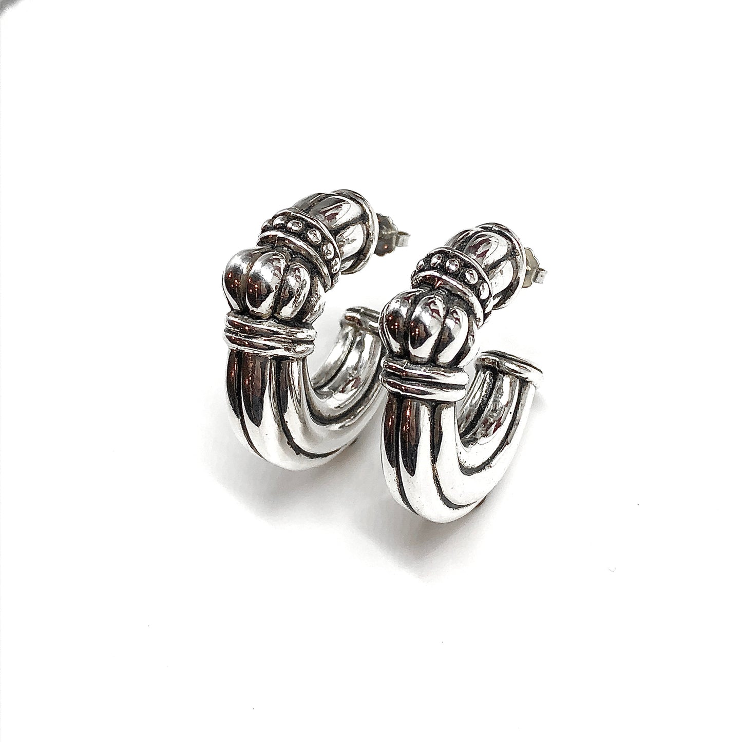 Chunky Etruscan Style Sterling Silver Hoop Earrings