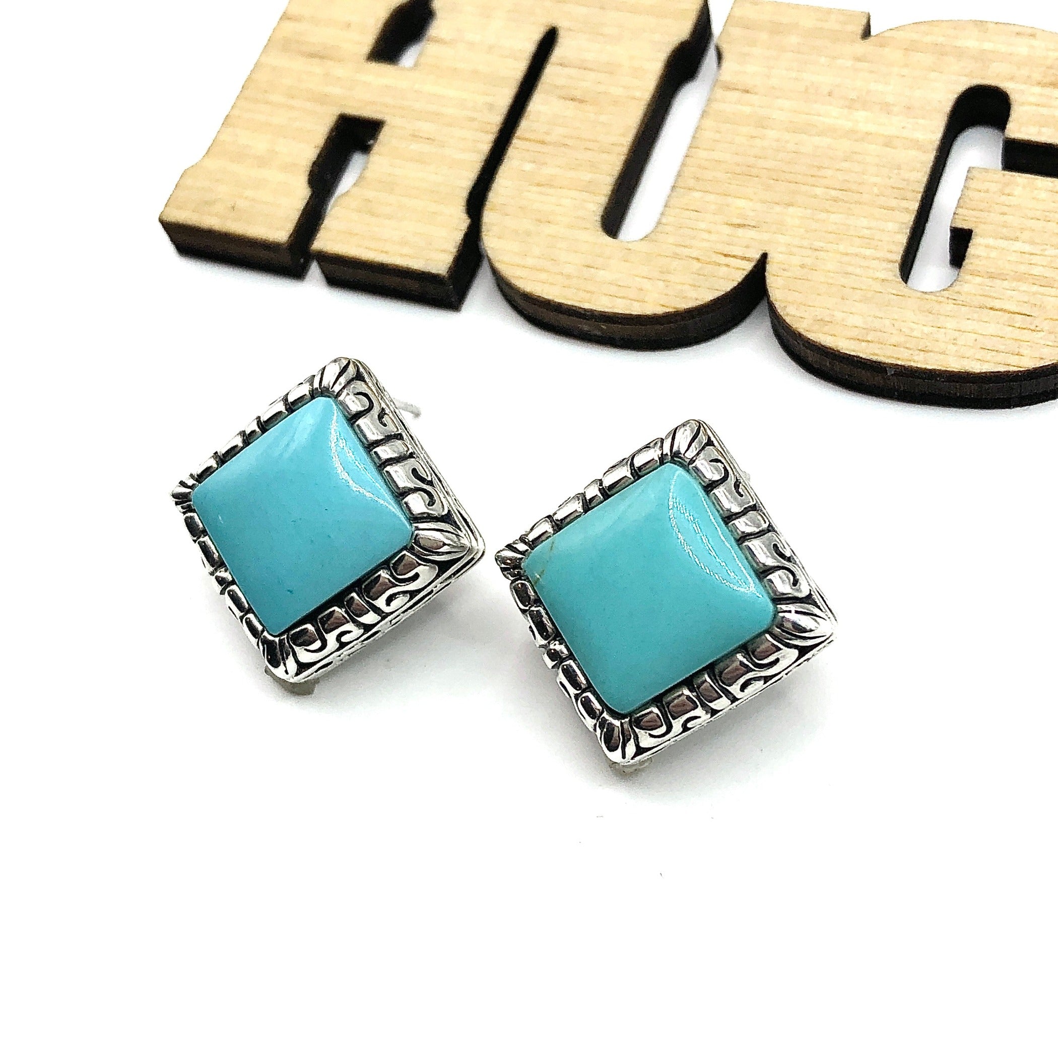 Square 925 good Sterling Silver With Blue Turquoise And Silver Accents