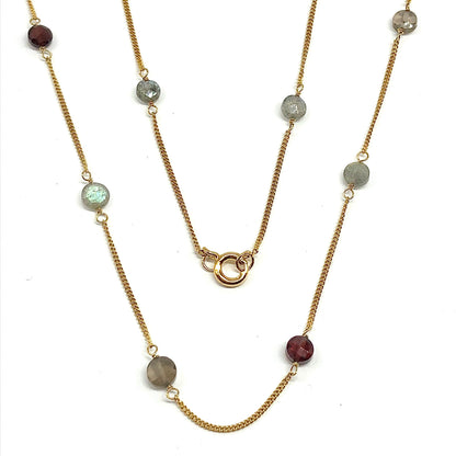 30 inch Necklace, Womens Gold Sterling Silver Labradorite Garnet Quartz Stone Station Necklace