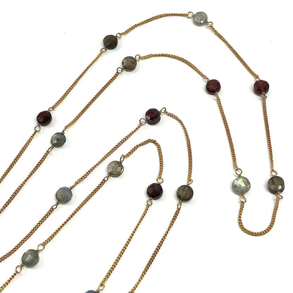 30 inch Necklace, Womens Gold 925 Sterling Silver Labradorite Garnet Quartz Stone Station Necklace