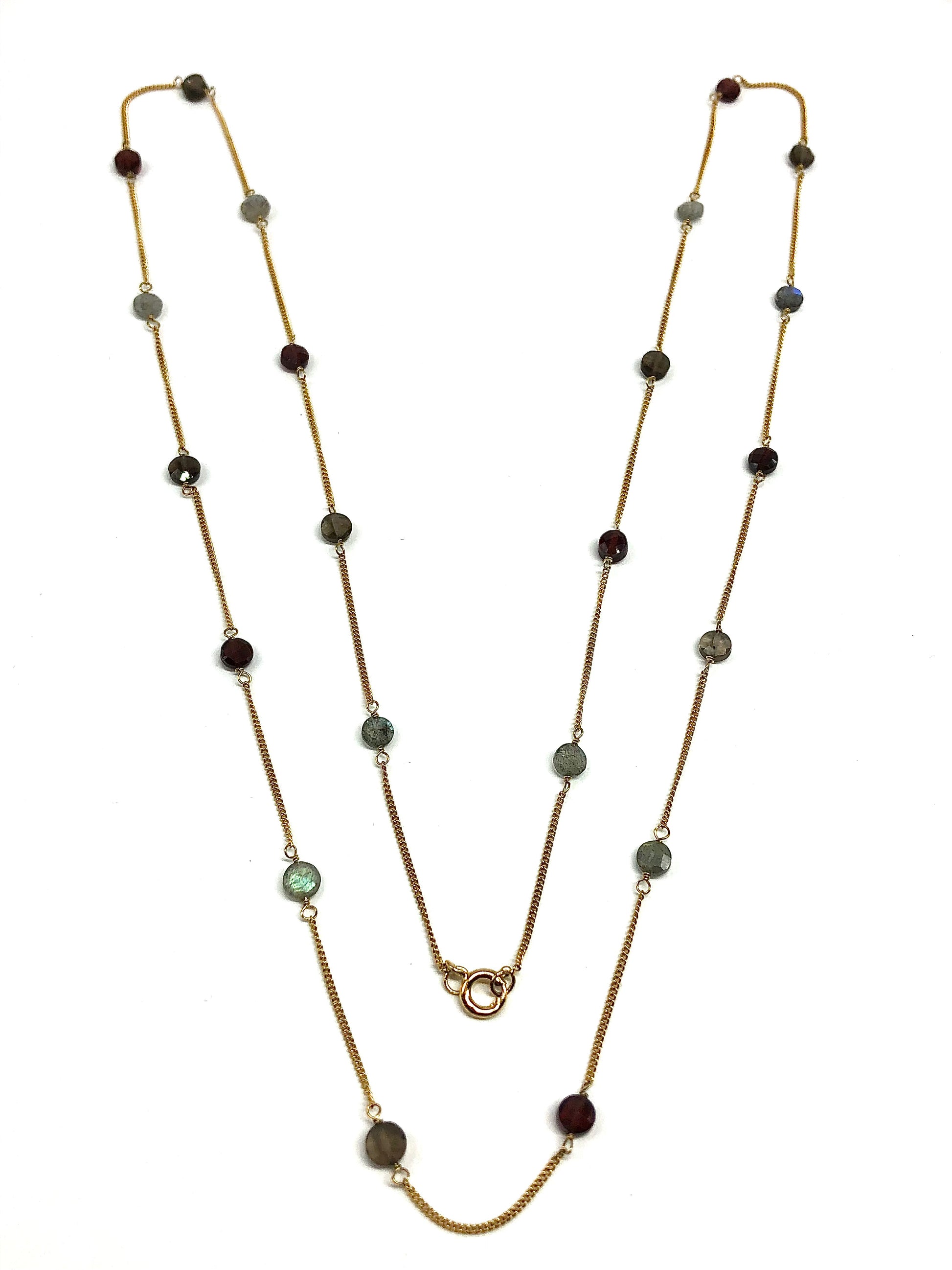 30 inch Necklace, Womens Gold Sterling Silver Labradorite Garnet Quartz Stone Station Necklace