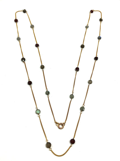 30 inch Necklace, Womens Gold Sterling Silver Labradorite Garnet Quartz Stone Station Necklace