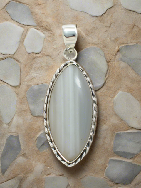 Shades of Gray Banded Agate Stone Sterling Silver Pendant
