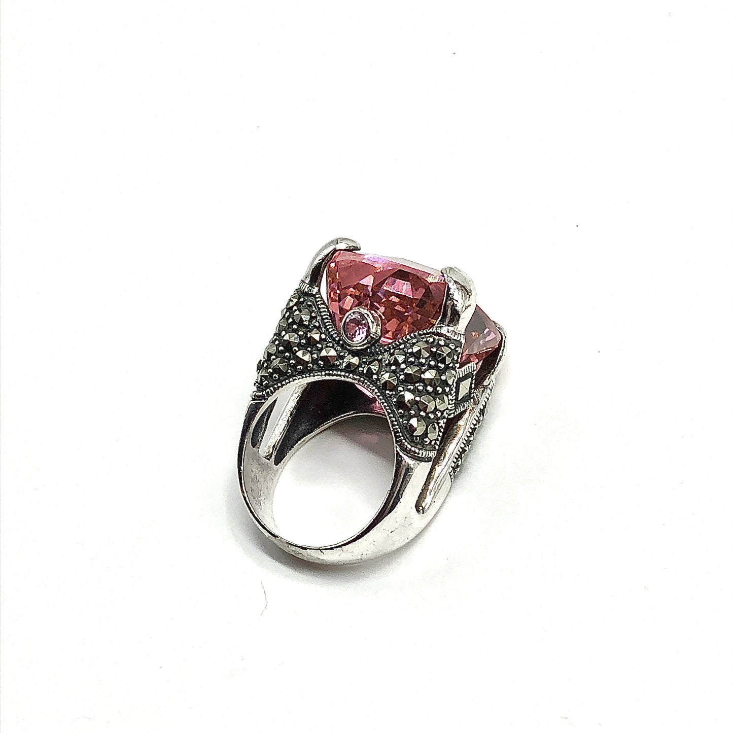 Big & Bold Pink CZ Marcasite Stone Sterling Silver Statement Ring