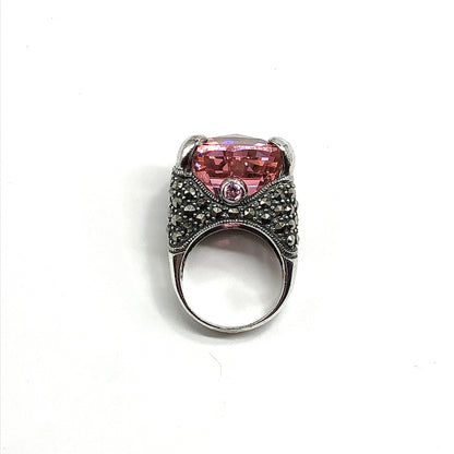 Big & Bold Pink CZ Marcasite Stone Sterling Silver Statement Ring