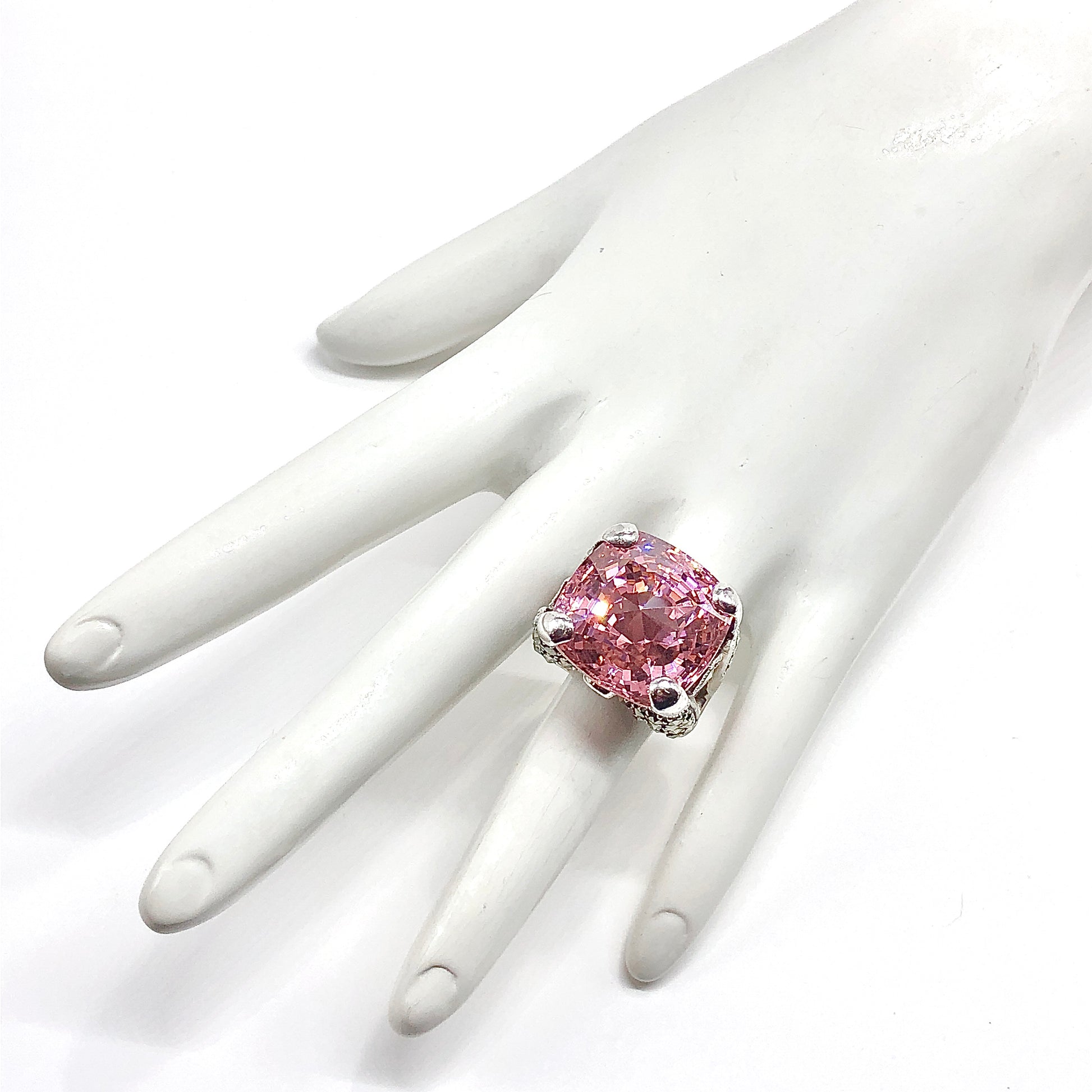 Big & Bold Pink CZ Marcasite Stone Sterling Silver Statement Ring