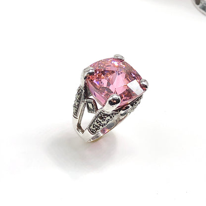 Big & Bold Pink CZ Marcasite Stone Sterling Silver Statement Ring