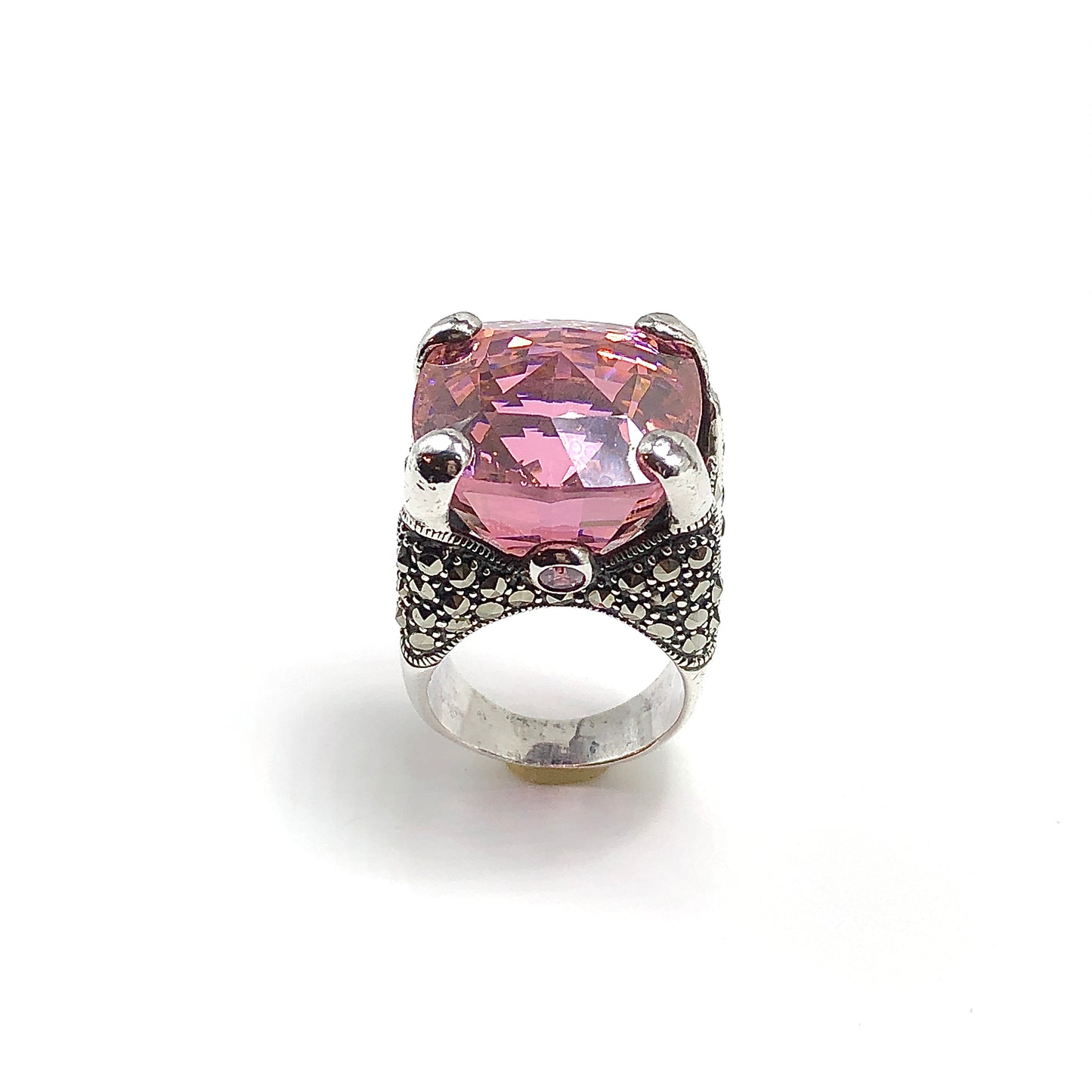 Big & Bold Pink CZ Marcasite Stone Sterling Silver Statement Ring