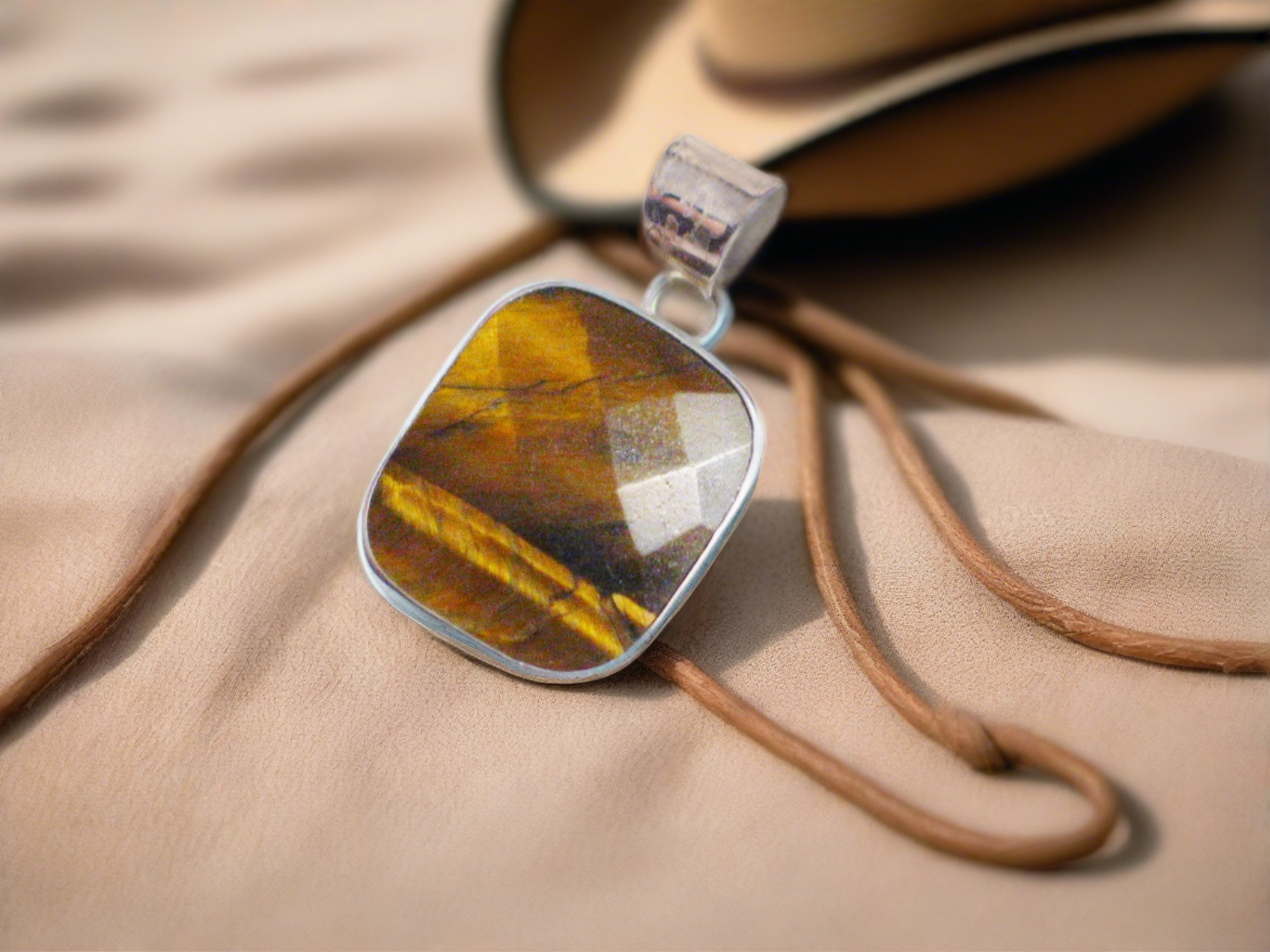 Sterling Silver Pendant, Square Checkerboard cut Golden Amber Tigers Eye Stone Pendant - Modern Cowboy Fashion Style Ideas