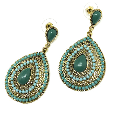 Chic Boho Style Golden Cut-out Design Turquoise Green Teardrop Dangle Earrings