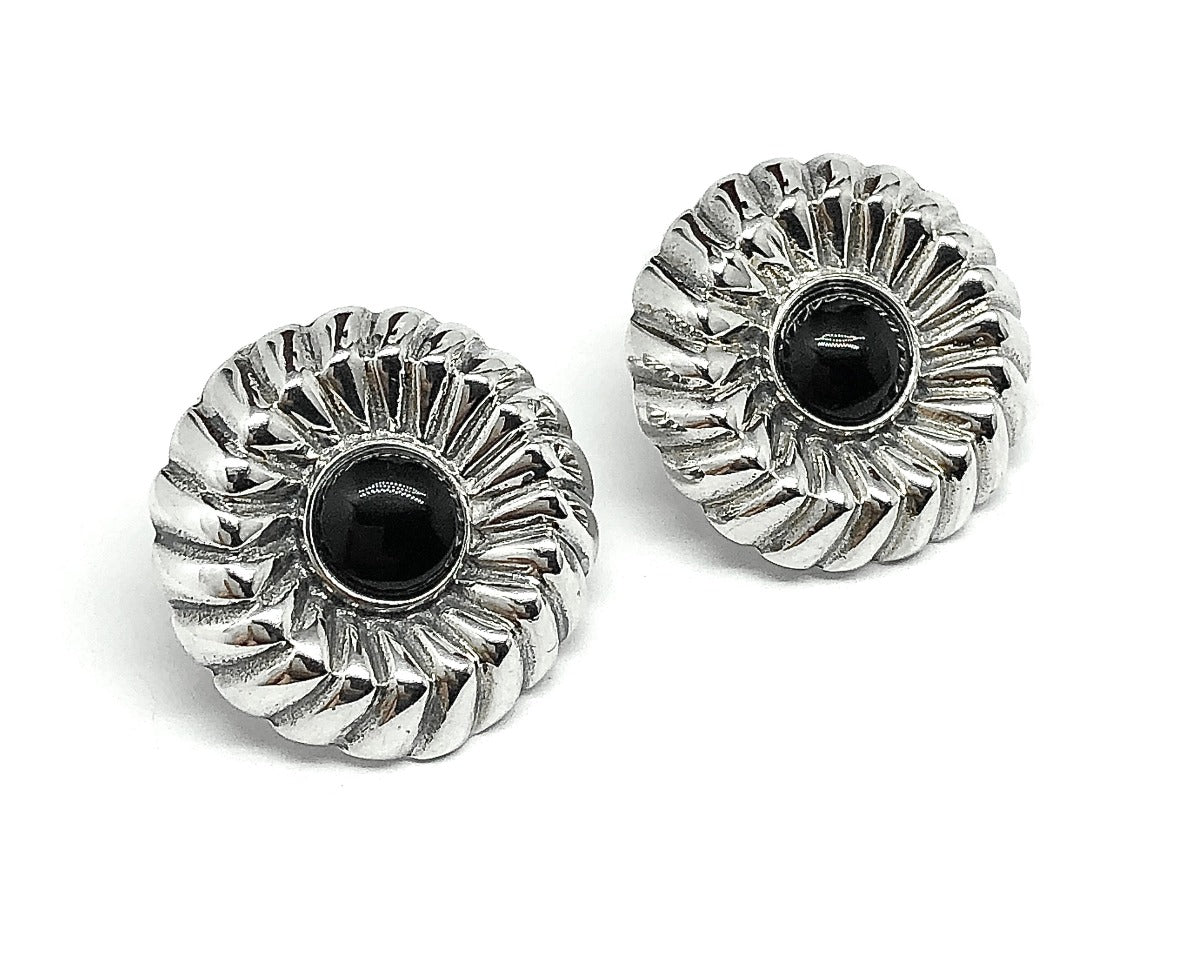 Fancy Black Round Bundt-pan Style Short Drop Earrings