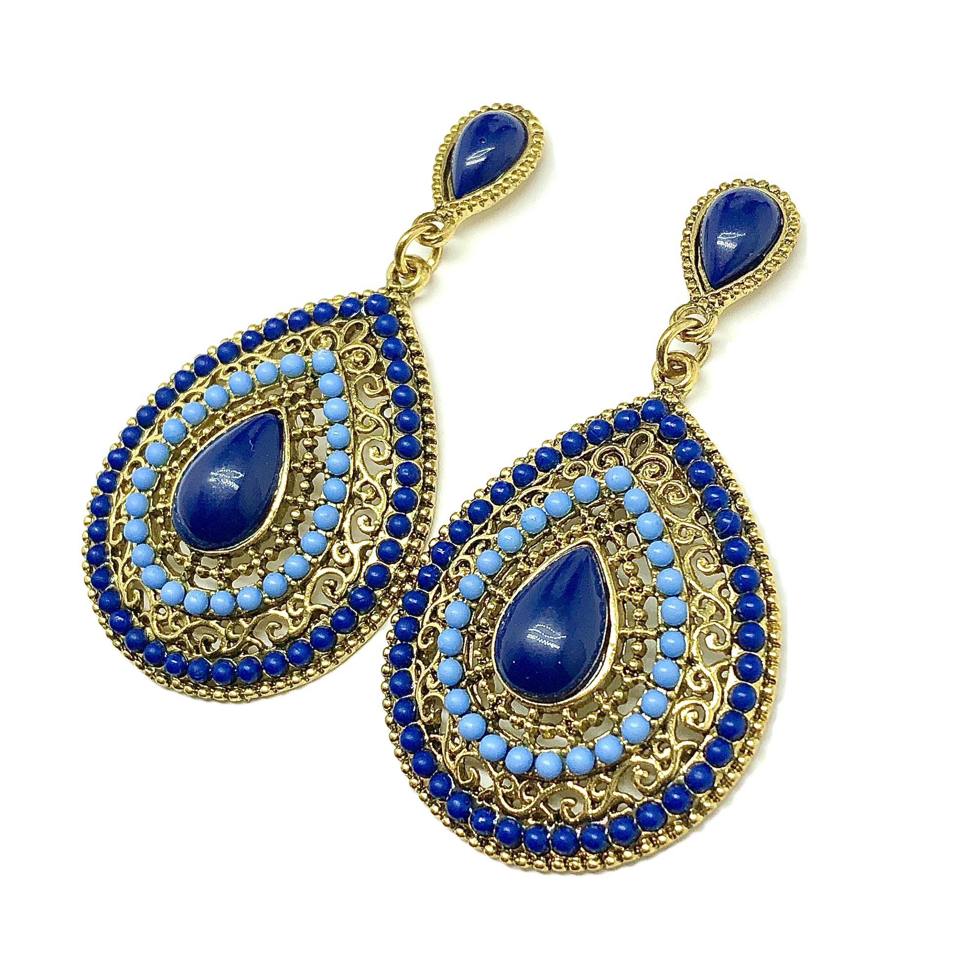 Stylish Cutout Design Blue Beaded Teardrop Style Gold Drop Earrings - Blingschlingers  USA