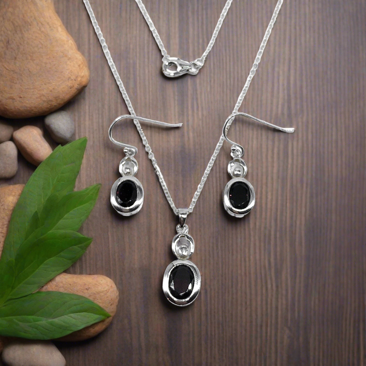 Sterling Silver Red Garnet Gemstone Dangle Earrings + Pendant Necklace set