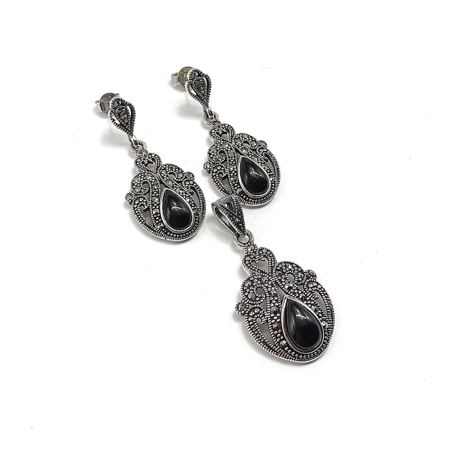 Teardrop Style Marcasite Sterling Silver Earrings + Pendant set