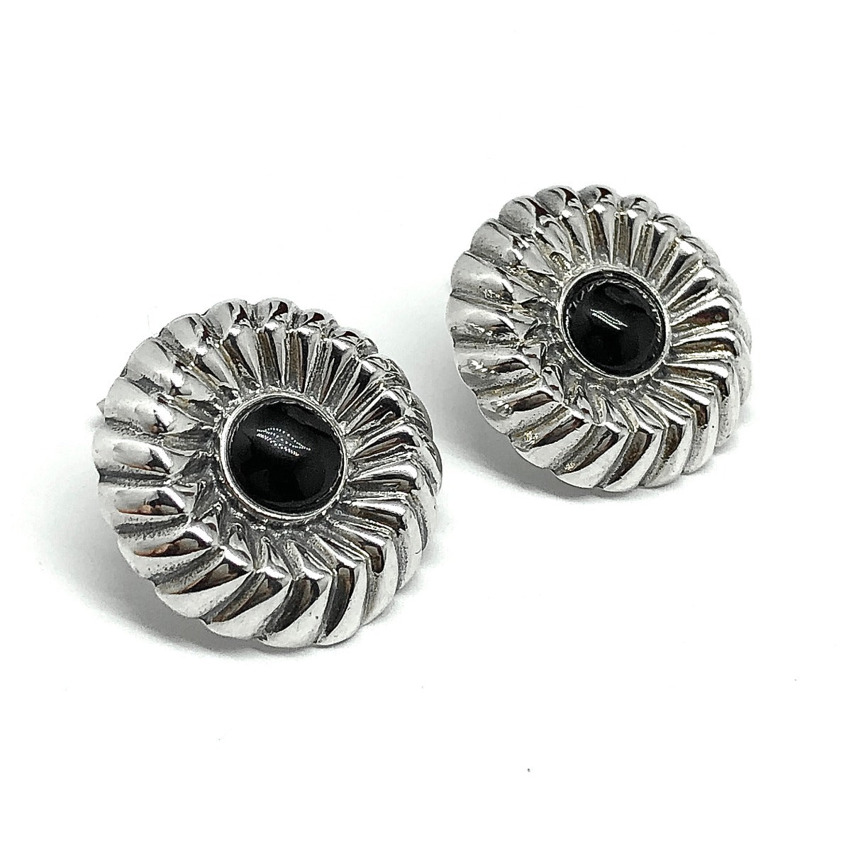 Sterling Silver Fancy Bundt-Style Black Round Short Drop Earrings