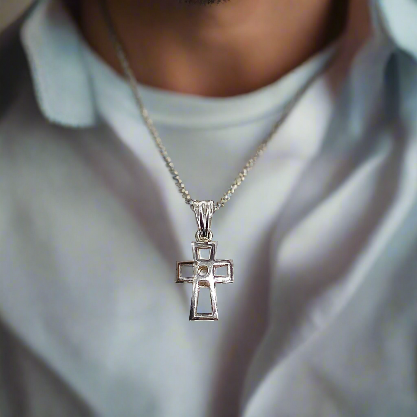 Modernist Style Mens Sterling Silver Cross Pendant