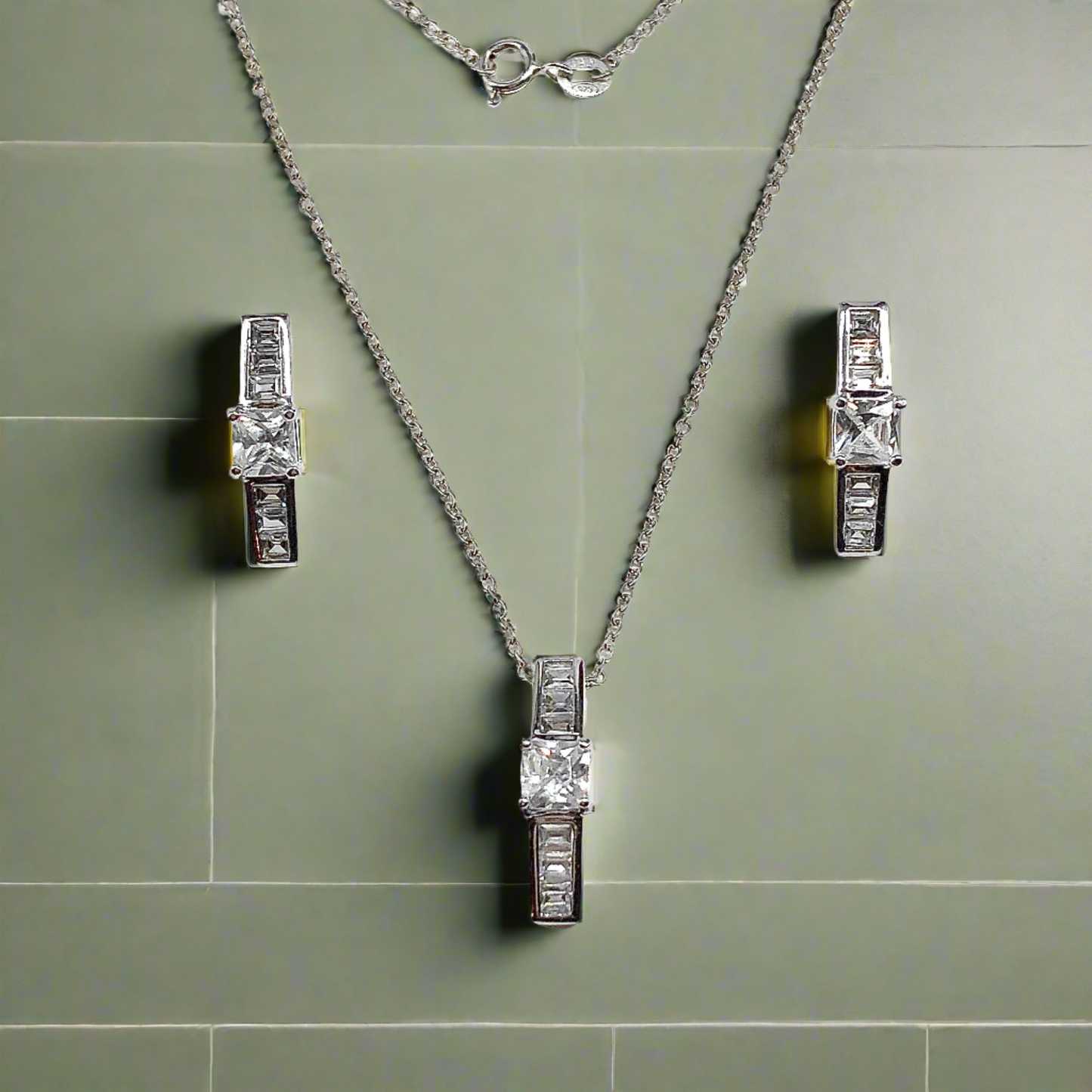 Sterling Silver CZ Bar Design Pendant Necklace & Earrings set