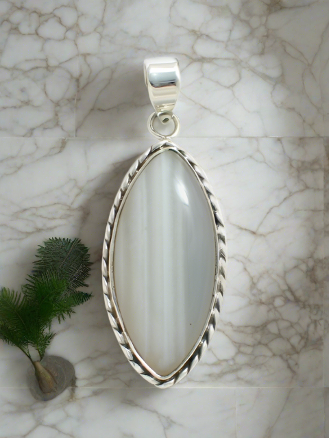 Shades of Gray Natural Banded Agate Stone Sterling Silver Pendant