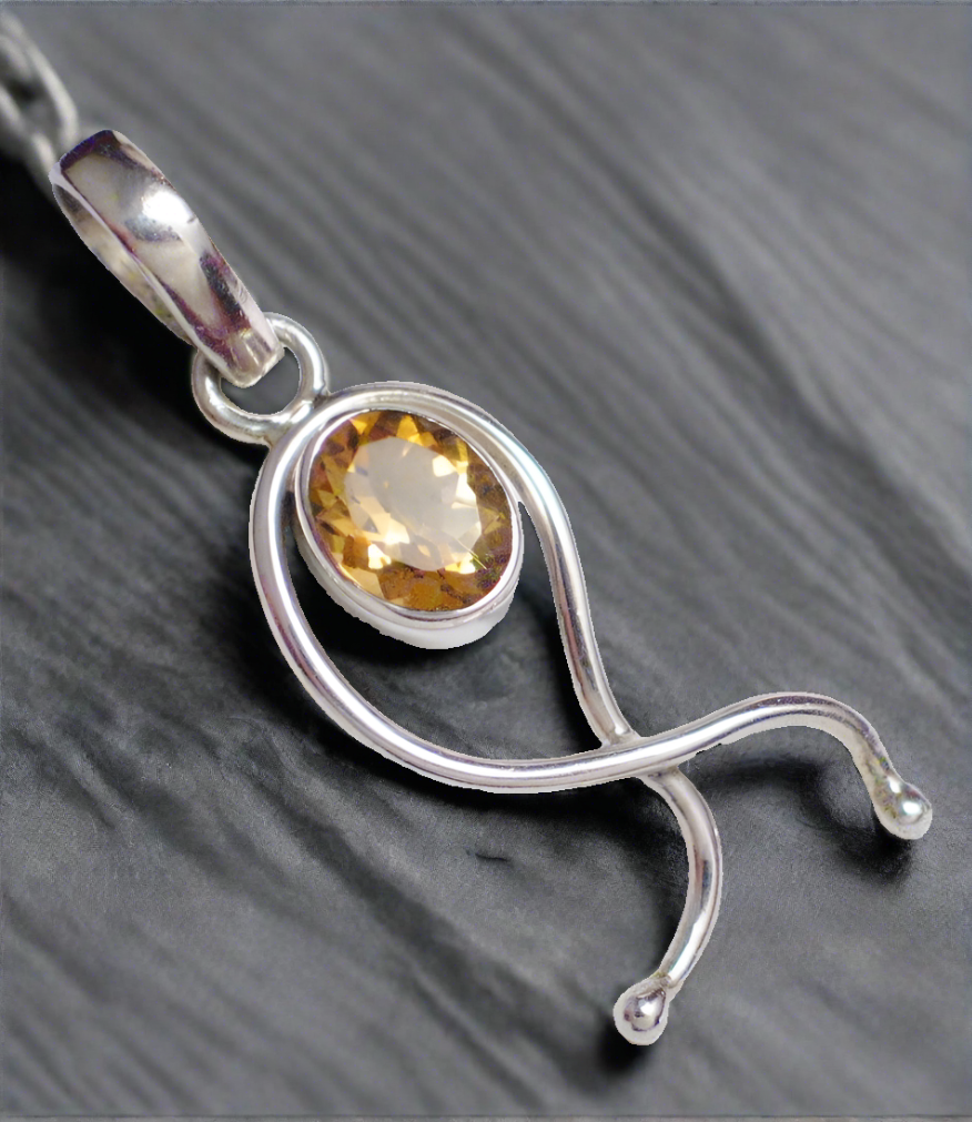 Sterling Silver Pendant, Mens Modern Style Golden Citrine Gemstone One-of-a-Kind Sterling Silver Pendant - Pre-owned Jewelry