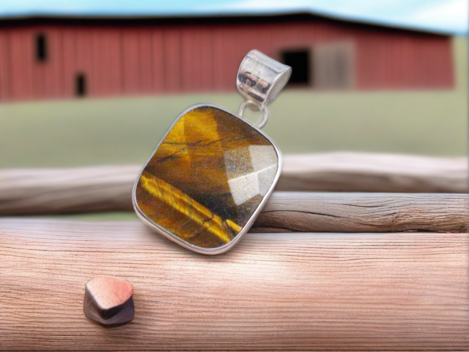 Sterling Silver Pendant, Mens Womens Square Checkerboard cut Golden Amber Tigers Eye Stone Pendant - Southwestern Fashion Style Ideas