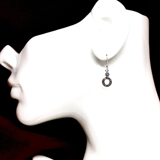 Womens Earrings Small Circle Design Marcasite Stone Sterling Silver Dangle Earrings